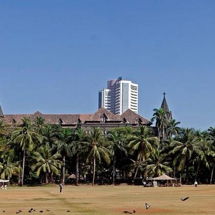 Oval Maidan in Mumbai with the Bombay High Court, a white tower and Rajabai Clock Tower behind palm trees.