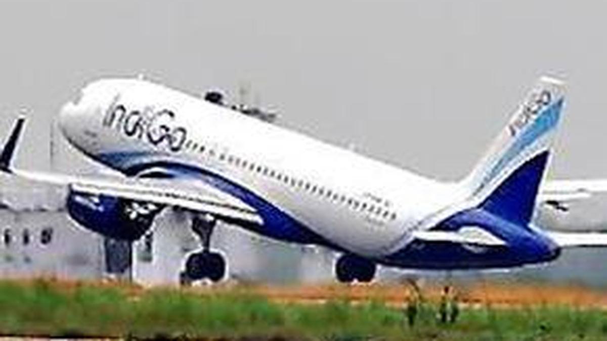 An IndiGo passenger jet lifting off from a runway, nose raised, with grass in the foreground and a grey sky behind