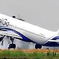 An IndiGo passenger jet lifting off from a runway, nose raised, with grass in the foreground and a grey sky behind