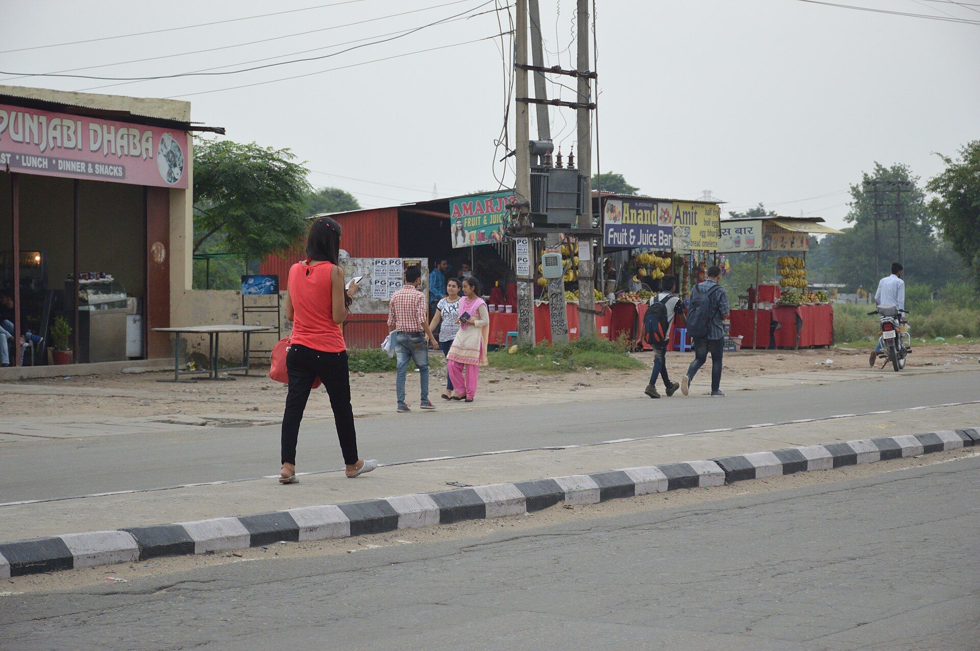Woman in a red top and black trousers texting while walking along a roadside in Punjab, India.