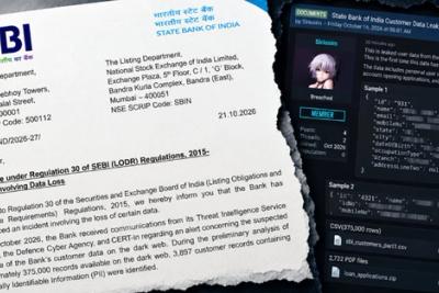 Illustration of a torn SBI letter to BSE and NSE beside a dark web forum post listing SBI customer data.
