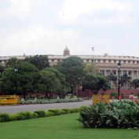 Curved, colonnaded Parliament building in New Delhi behind tall trees, with a lawn and flowerbeds in the foreground under a pale sky.