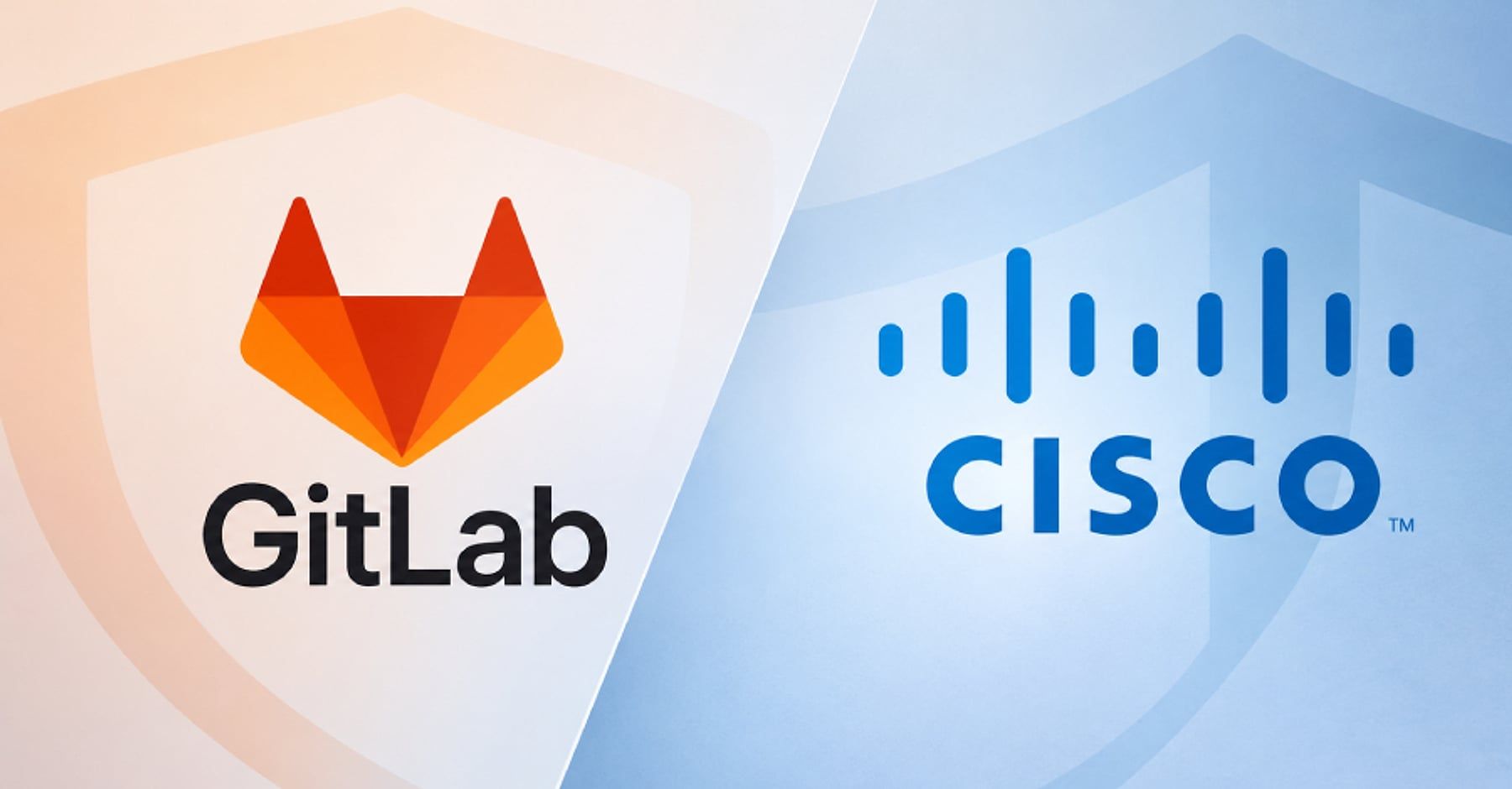 GitLab fox logo on the left and Cisco bars logo on the right, split diagonally over orange and blue shield-motif backgrounds.