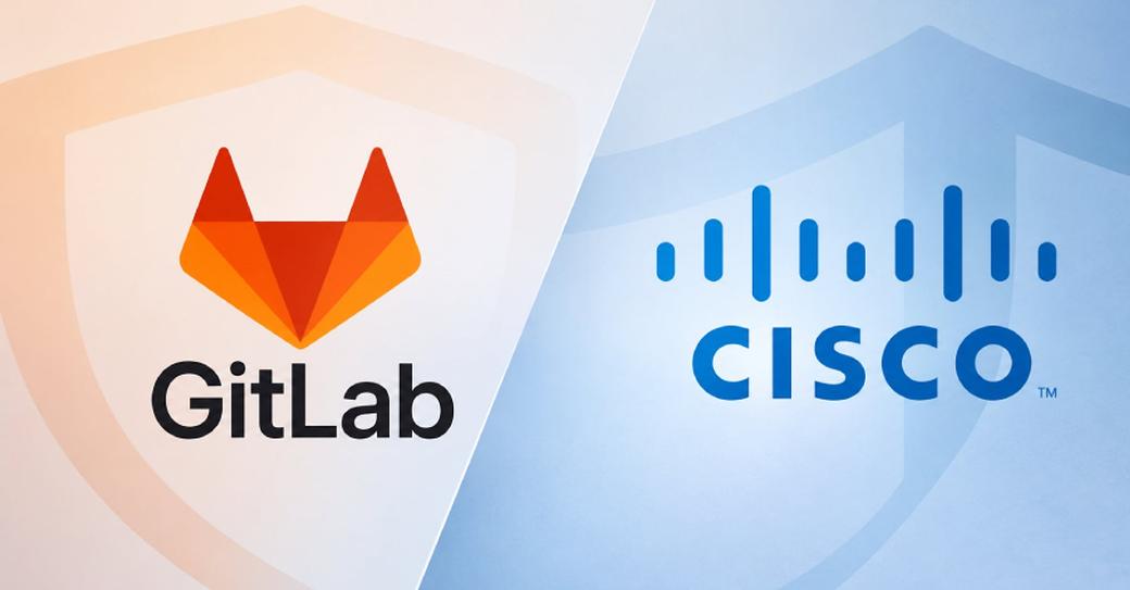 GitLab fox logo on the left and Cisco bars logo on the right, split diagonally over orange and blue shield-motif backgrounds.