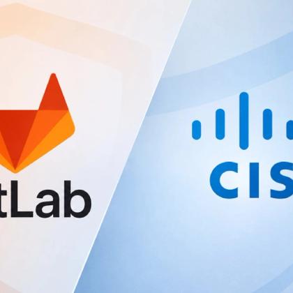 GitLab fox logo on the left and Cisco bars logo on the right, split diagonally over orange and blue shield-motif backgrounds.