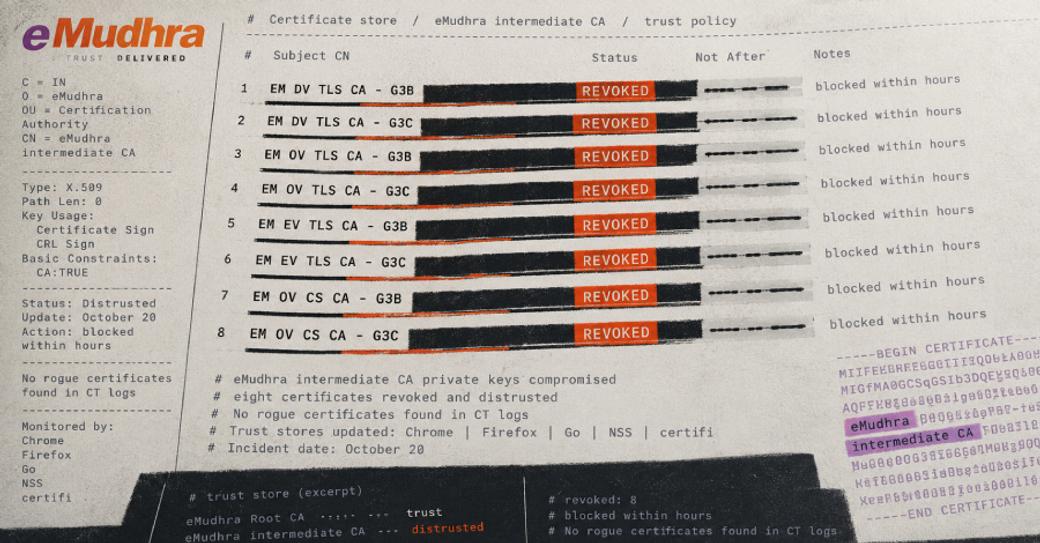 Illustration of an eMudhra certificate store listing eight intermediate CA entries marked REVOKED, with the eMudhra logo