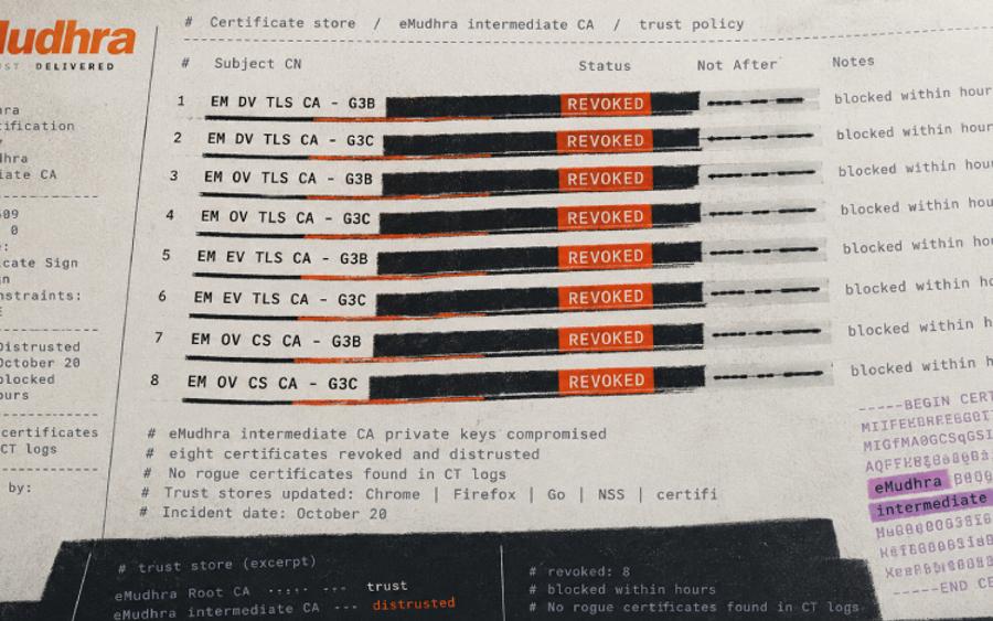 Illustration of an eMudhra certificate store listing eight intermediate CA entries marked REVOKED, with the eMudhra logo