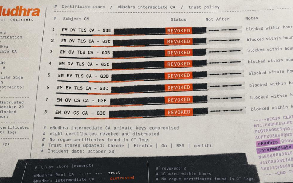 Illustration of an eMudhra certificate store listing eight intermediate CA entries marked REVOKED, with the eMudhra logo