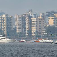 Sailboats and motor yachts moored on hazy grey water in front of mid-rise buildings and trees along a shoreline.