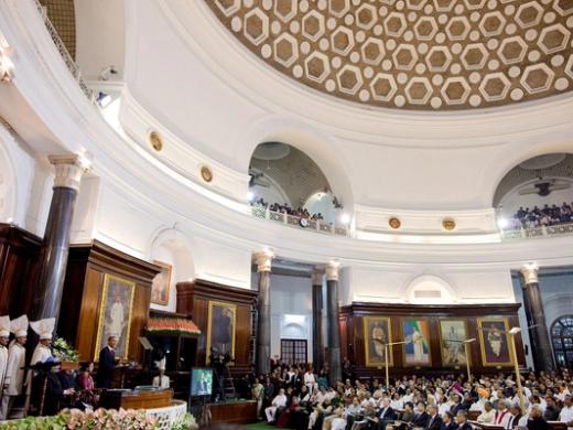 Members of Parliament seated under the dome of the Central Hall of India's old Parliament building during a joint session