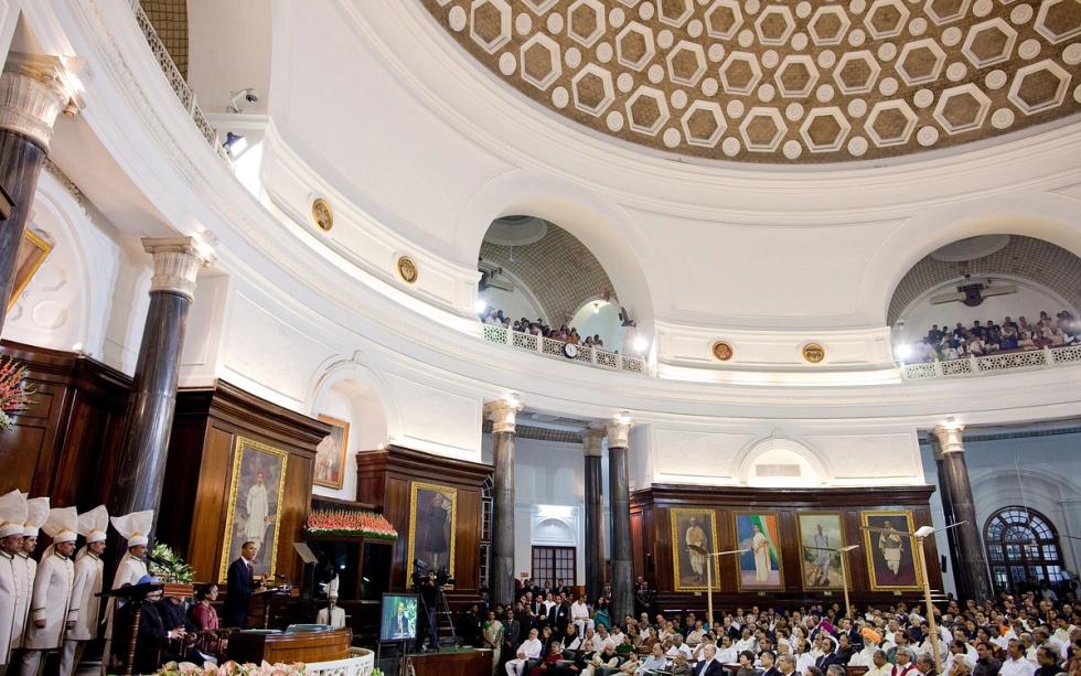 Members of Parliament seated under the dome of the Central Hall of India's old Parliament building during a joint session