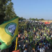 Large crowd of farmers seated along a road with green and yellow union flags, tents and trees in the background