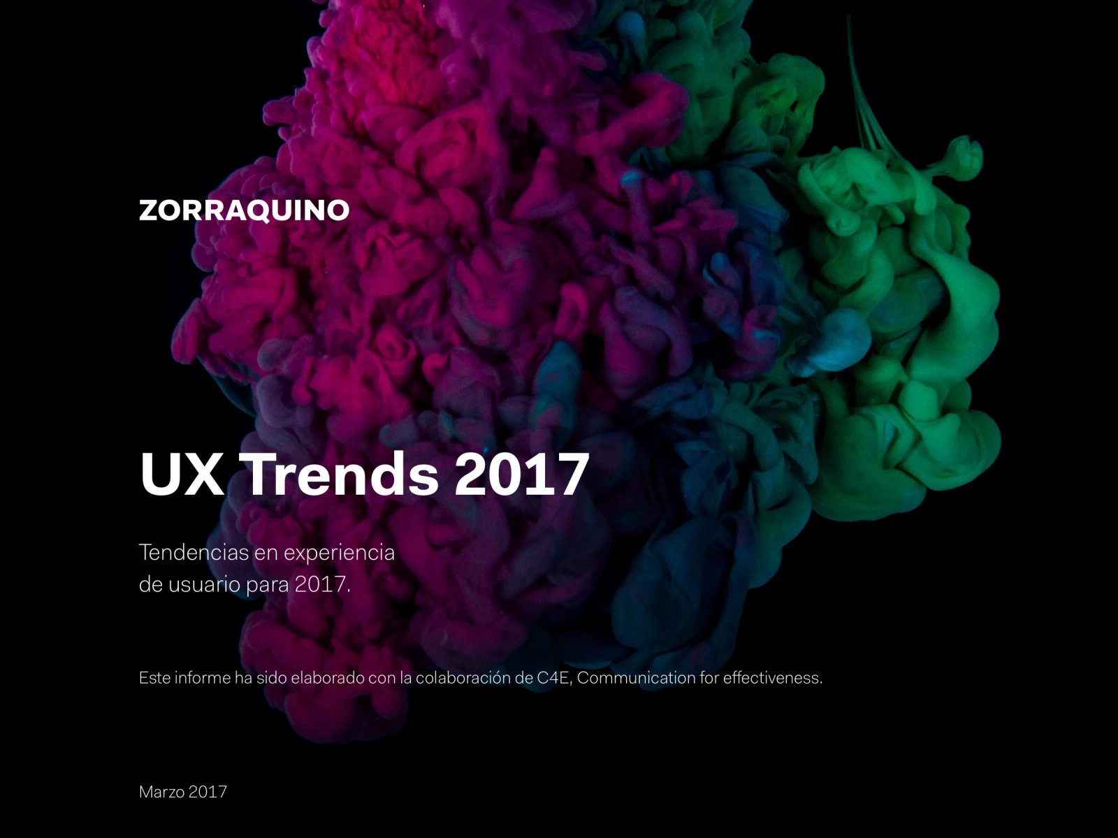 UX Trends 2017 cover: a cloud of magenta and green ink spreading through water against a black background.