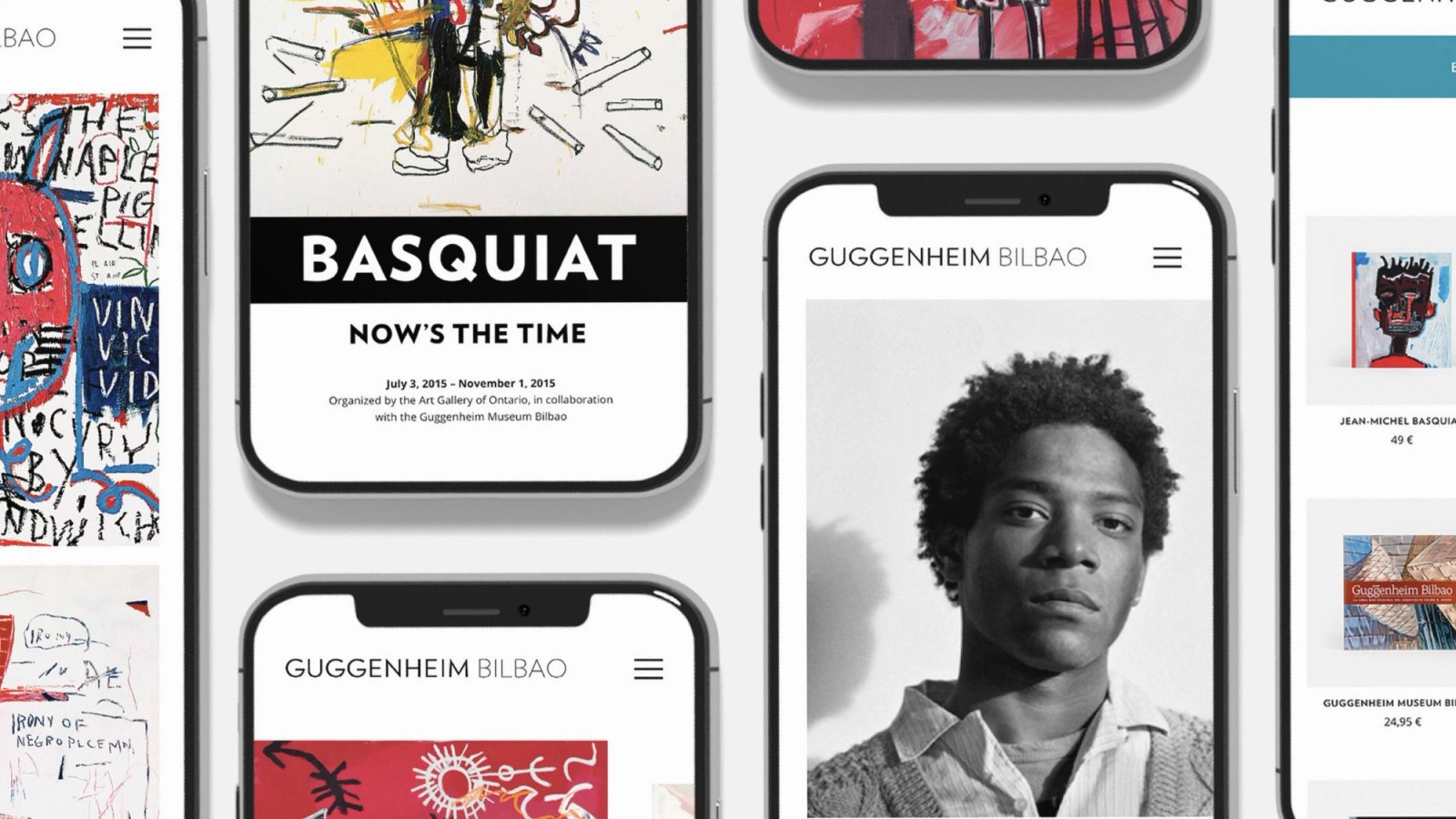 Mobile screens of the Guggenheim Bilbao website with the Basquiat exhibition and a portrait of the artist