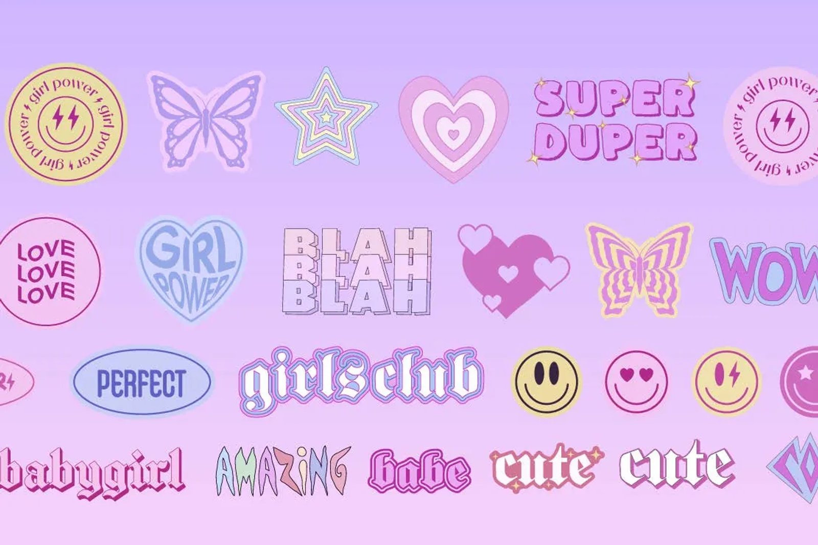 Teen 'zine style sticker icons: The visual rebellion of the 2000s combines with millennial design patterns.