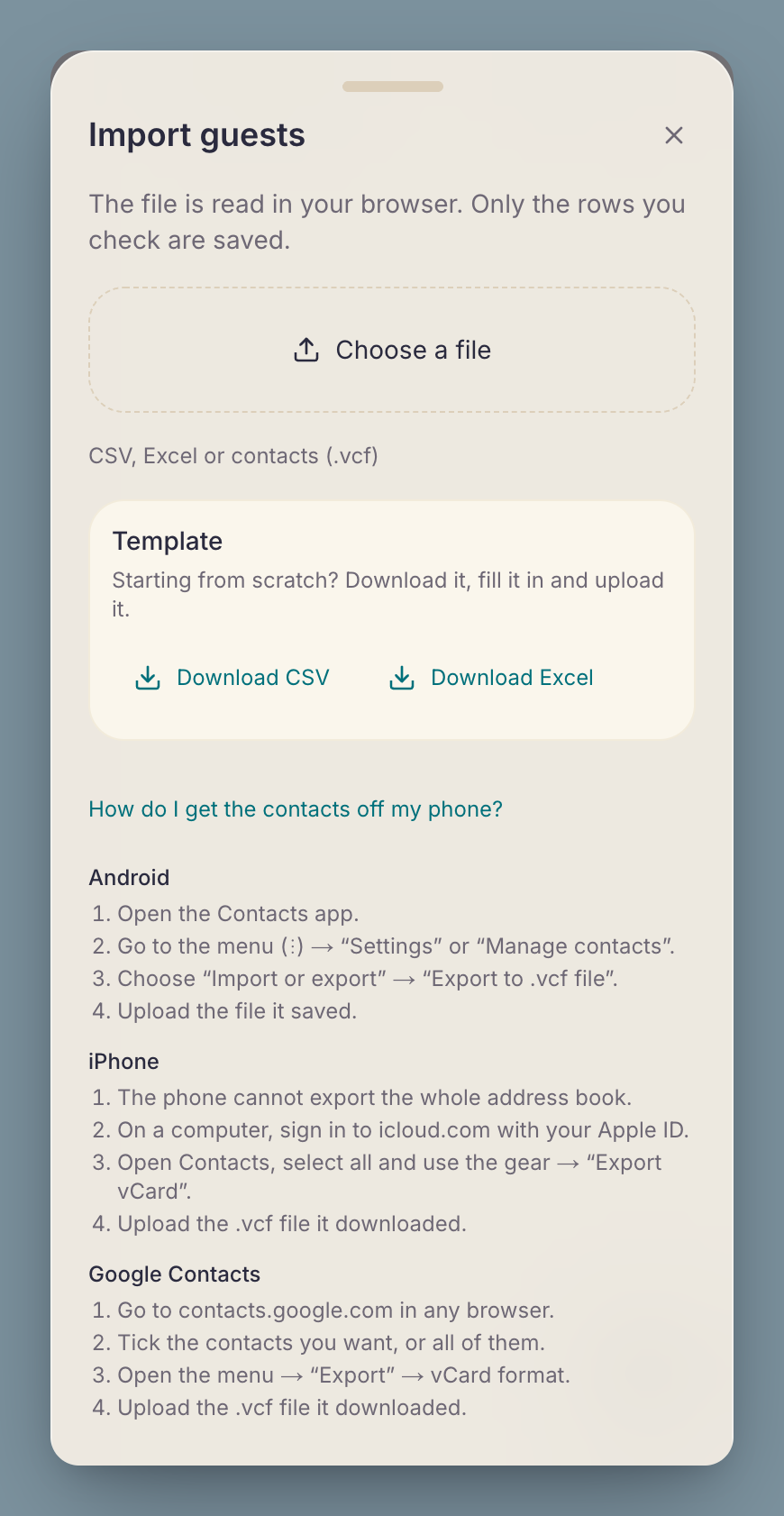 The import sheet on a phone, with the steps for getting contacts out of Android, iPhone and Google Contacts.