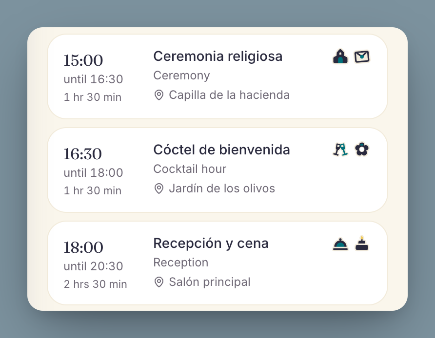 Three timeline rows on a phone, each with its stickers next to the time and the title.