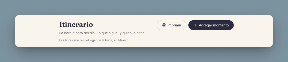 Cabecera del itinerario con el botón de imprimir al lado del de agregar un momento.