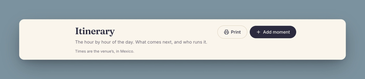 The timeline header with the print button next to the one for adding a moment.