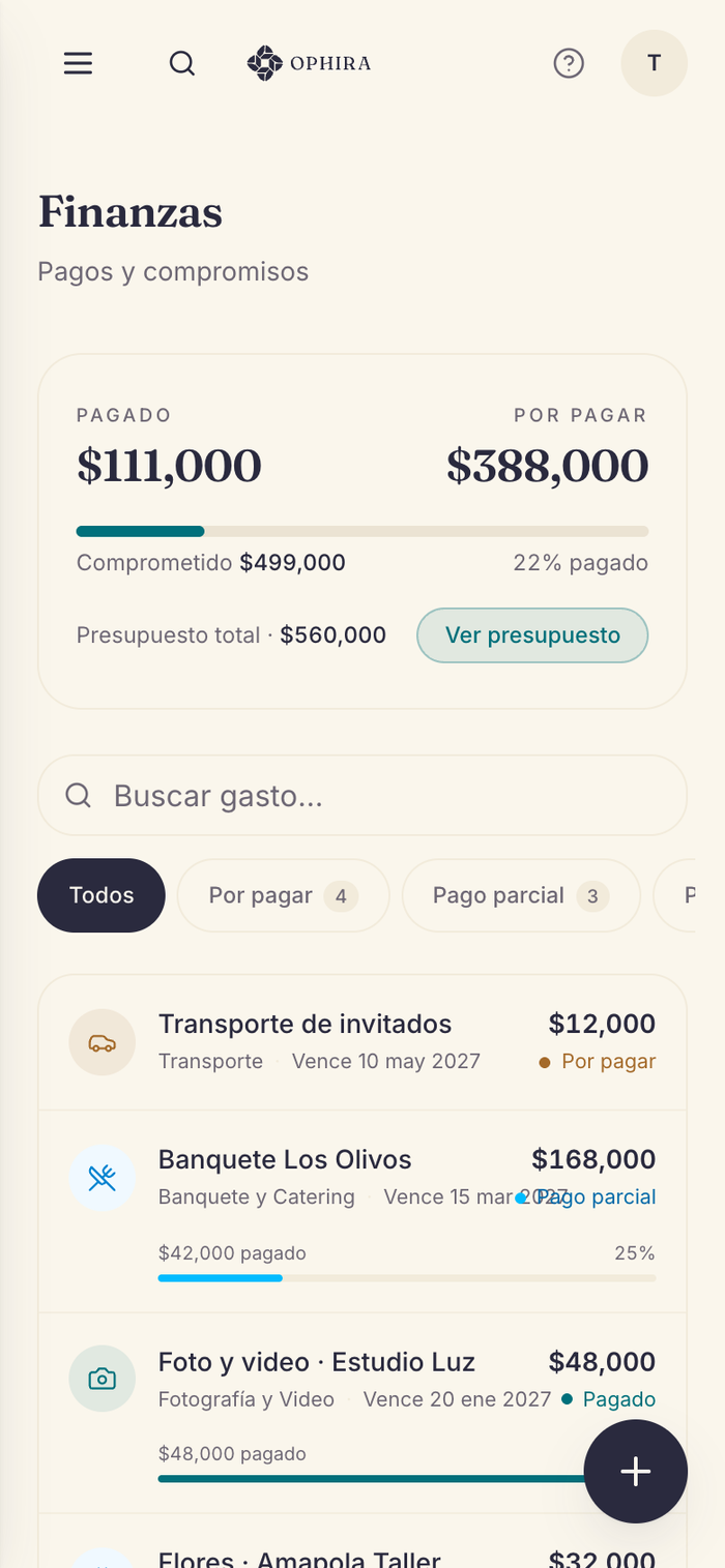Pantalla de finanzas de OPHIRA con el presupuesto por categorías, lo pagado y lo que falta por pagar.