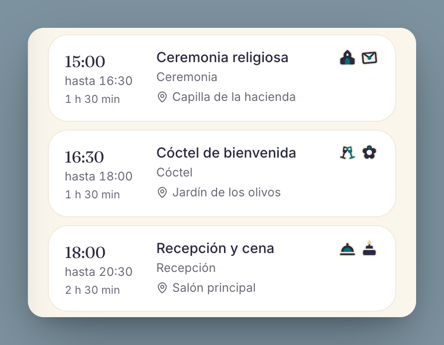 Tres filas del itinerario en un teléfono, cada una con sus stickers junto a la hora y el título.
