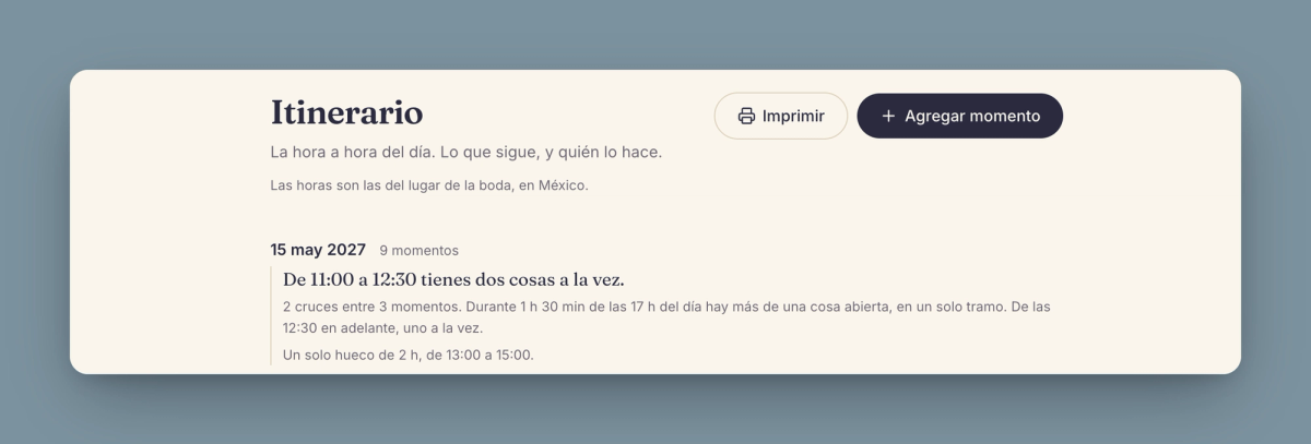 Cabecera del itinerario con el resumen del día: cuántos cruces hay, cuánto tiempo se encima y dónde queda el hueco más largo.