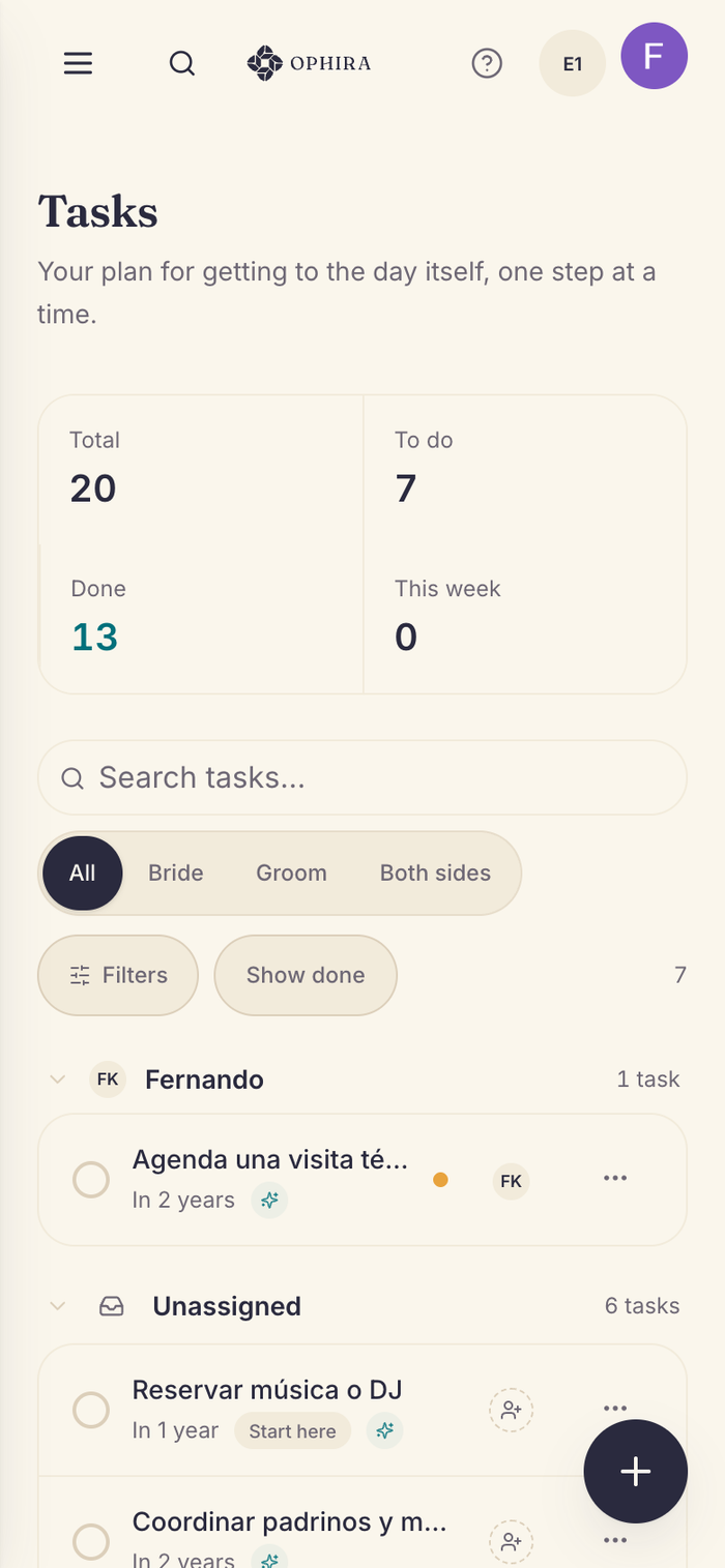 OPHIRA task screen, sorted by stage, with each task’s priority and owner.