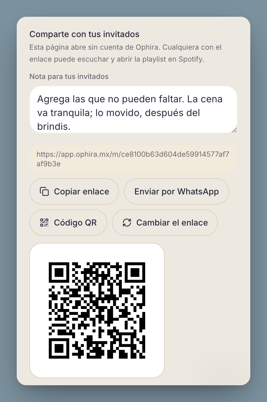 El bloque de compartir de la playlist: el enlace para invitados, los botones de copiar y WhatsApp, y el código QR desplegado.