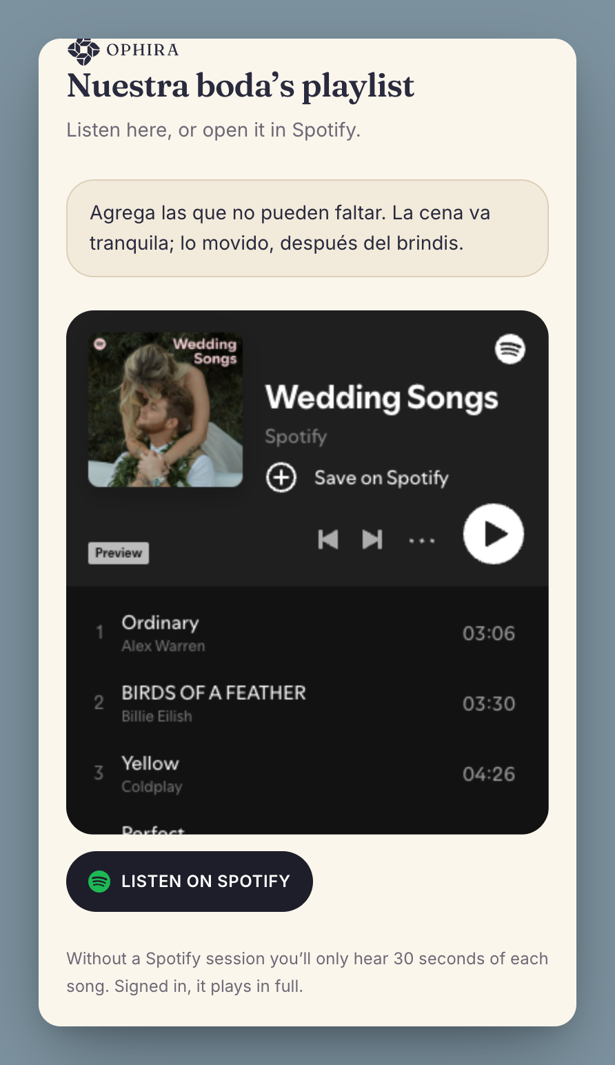 The public playlist page on a phone: the wedding's name, a note for the guests, and the player.