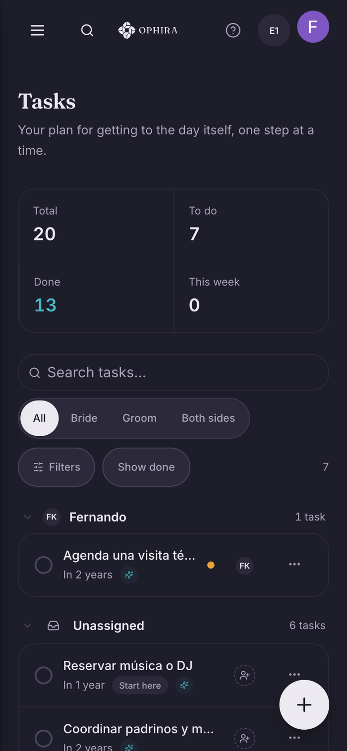 OPHIRA task screen, sorted by stage, with each task’s priority and owner.