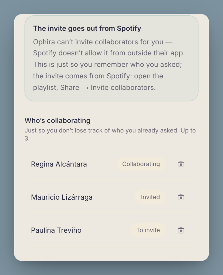 The playlist’s collaborator notebook, led by the notice that the invite goes out from Spotify, with three people in different states.