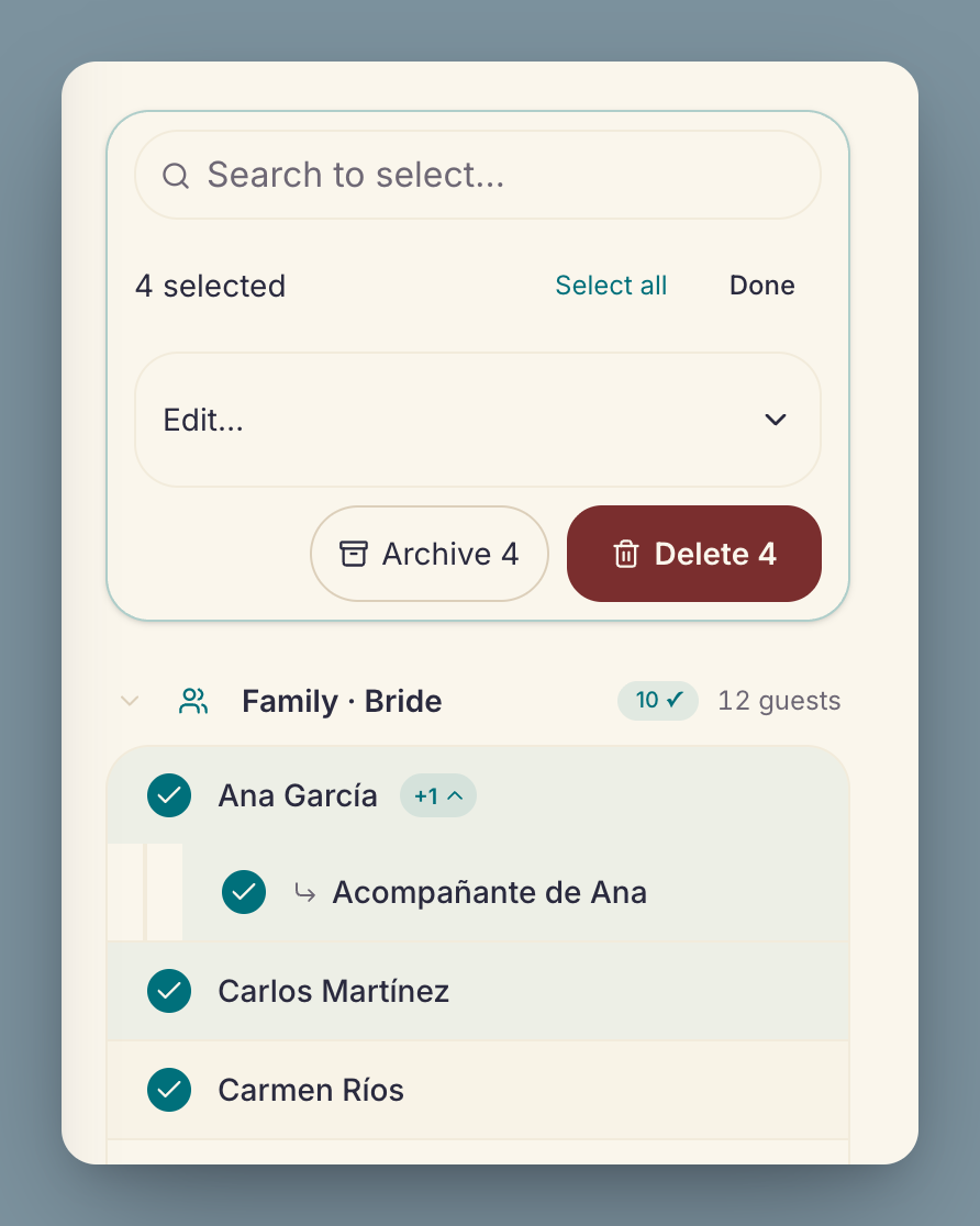 Selection mode on a phone: Ana García and her plus-one checked together, and the bar with Edit, Archive and Delete.