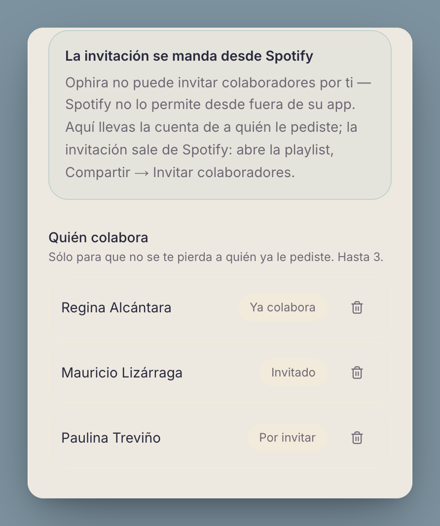 La libreta de colaboradores de la playlist, encabezada por el aviso de que la invitación se manda desde Spotify, con tres personas en estados distintos.