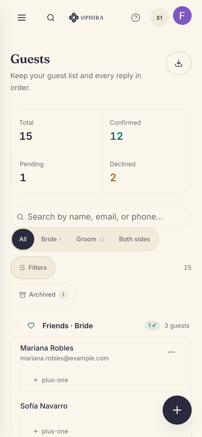 OPHIRA guest list showing each guest and their RSVP status.