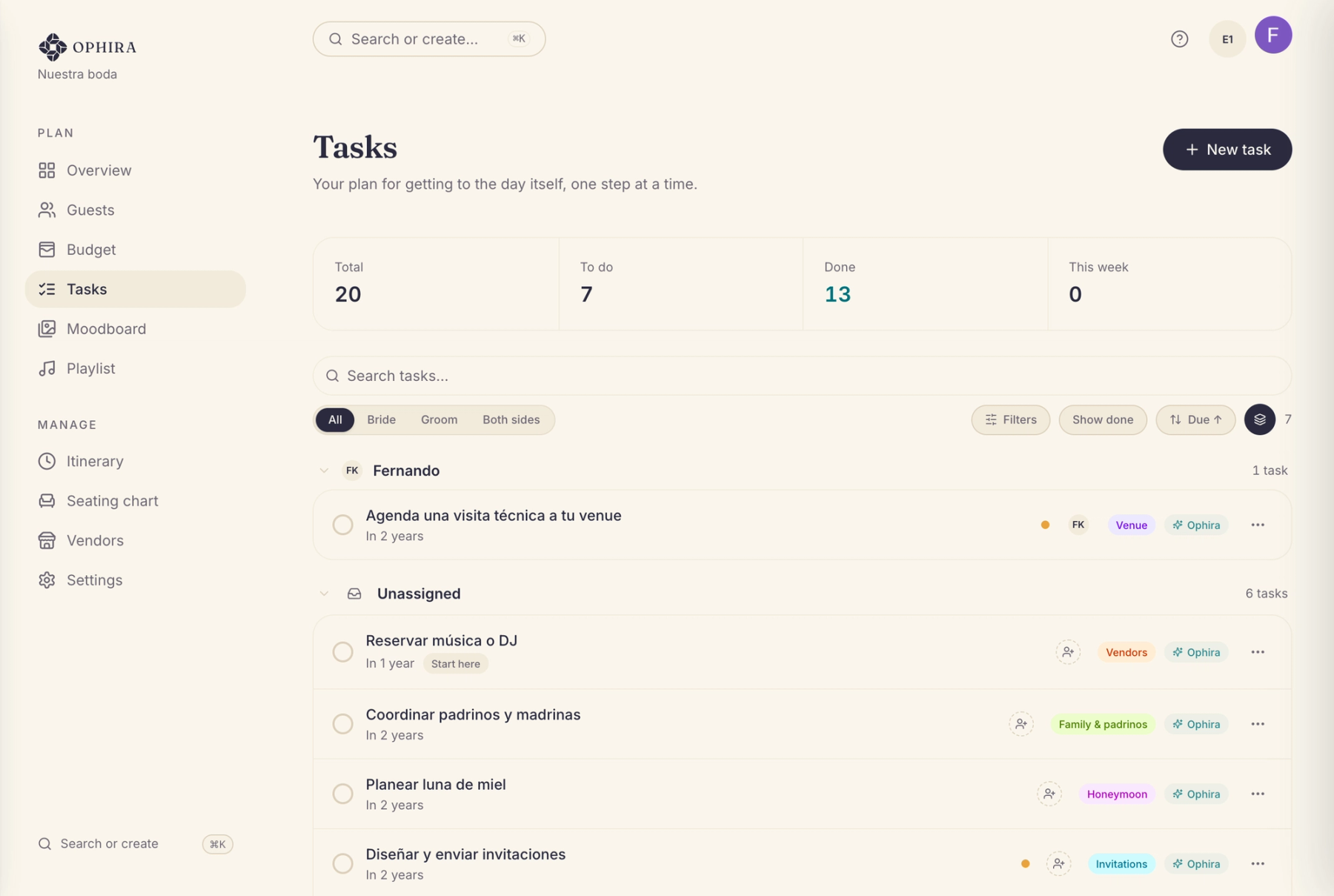 OPHIRA task screen, sorted by stage, with each task’s priority and owner.