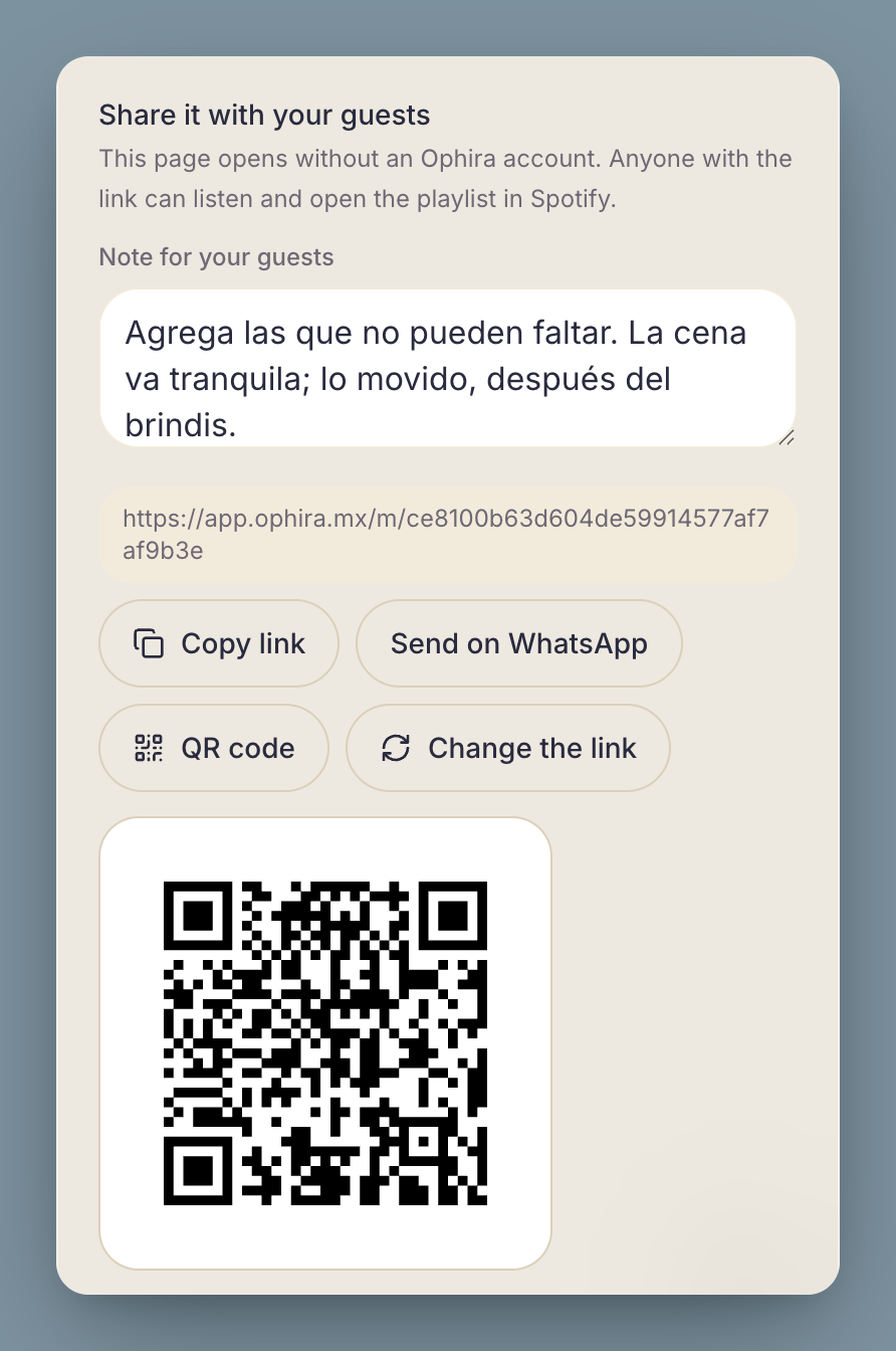 The playlist’s share block: the guest link, the copy and WhatsApp buttons, and the QR code opened up.