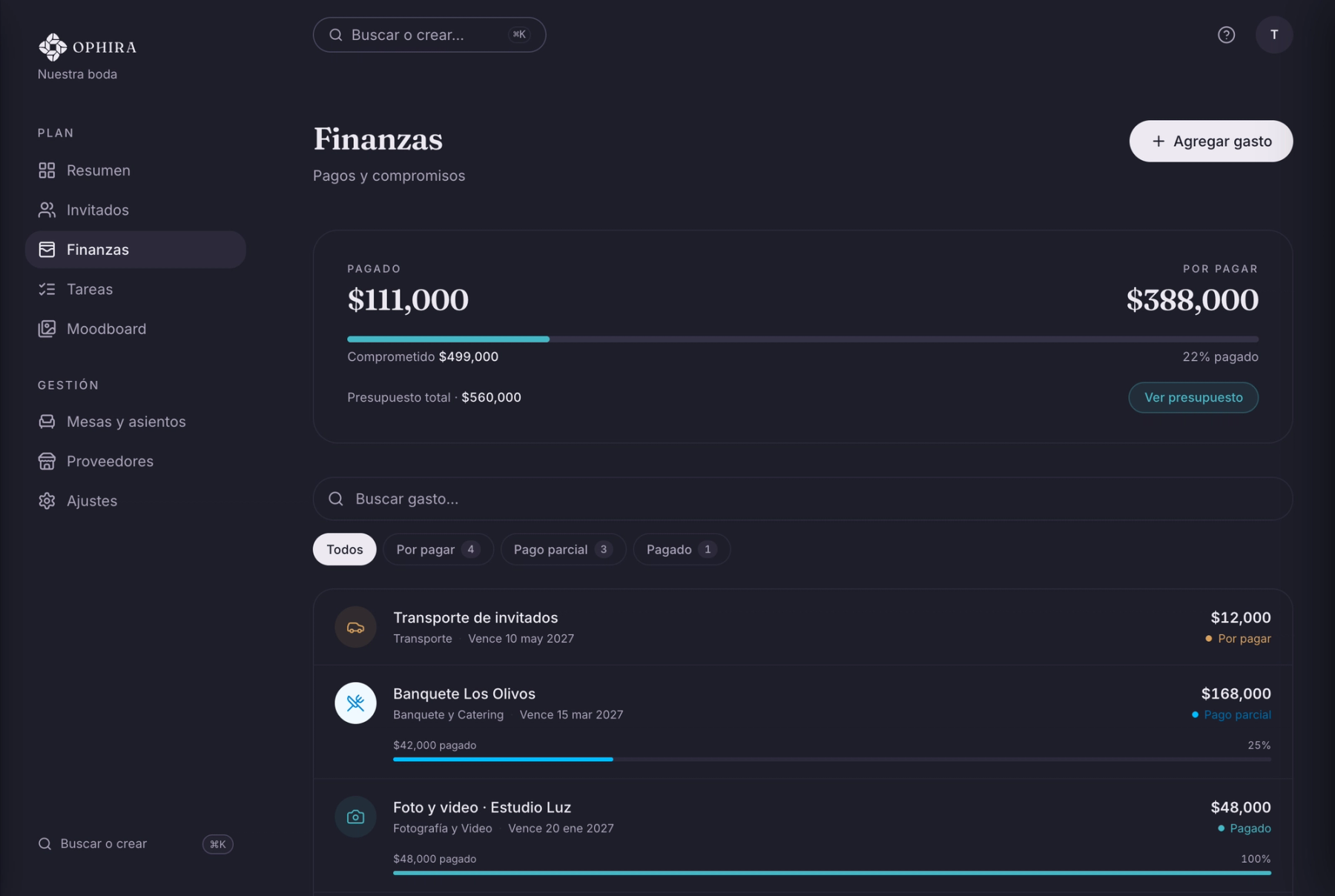 Pantalla de finanzas de OPHIRA con el presupuesto por categorías, lo pagado y lo que falta por pagar.