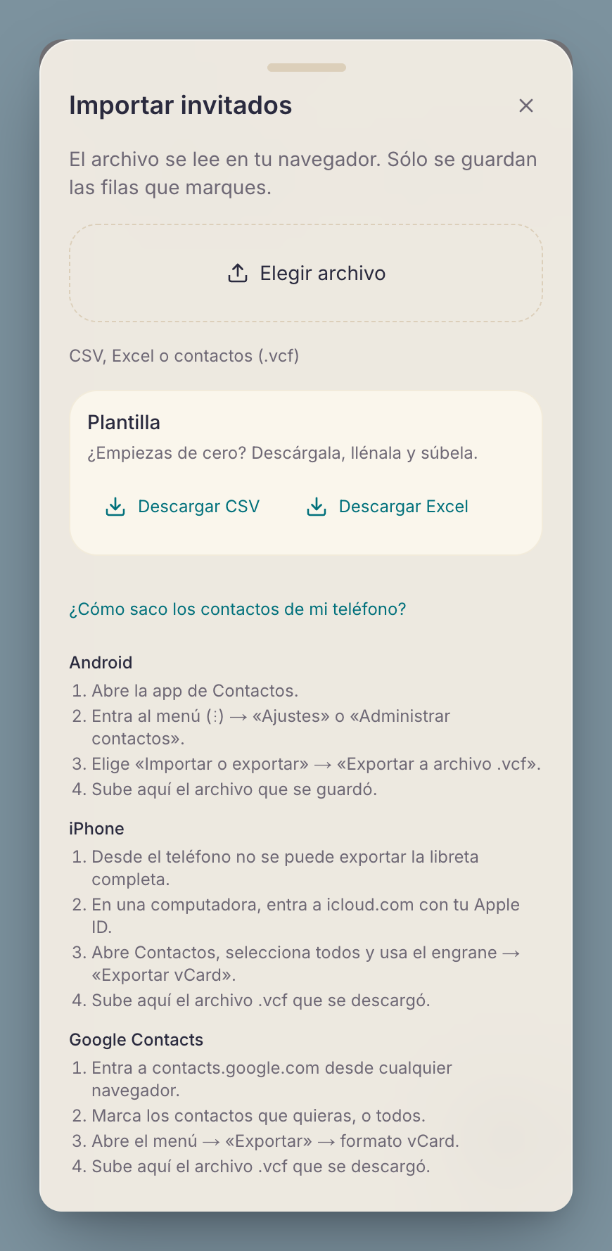 La hoja de importar en un teléfono, con los pasos para sacar los contactos de Android, iPhone y Google Contacts.