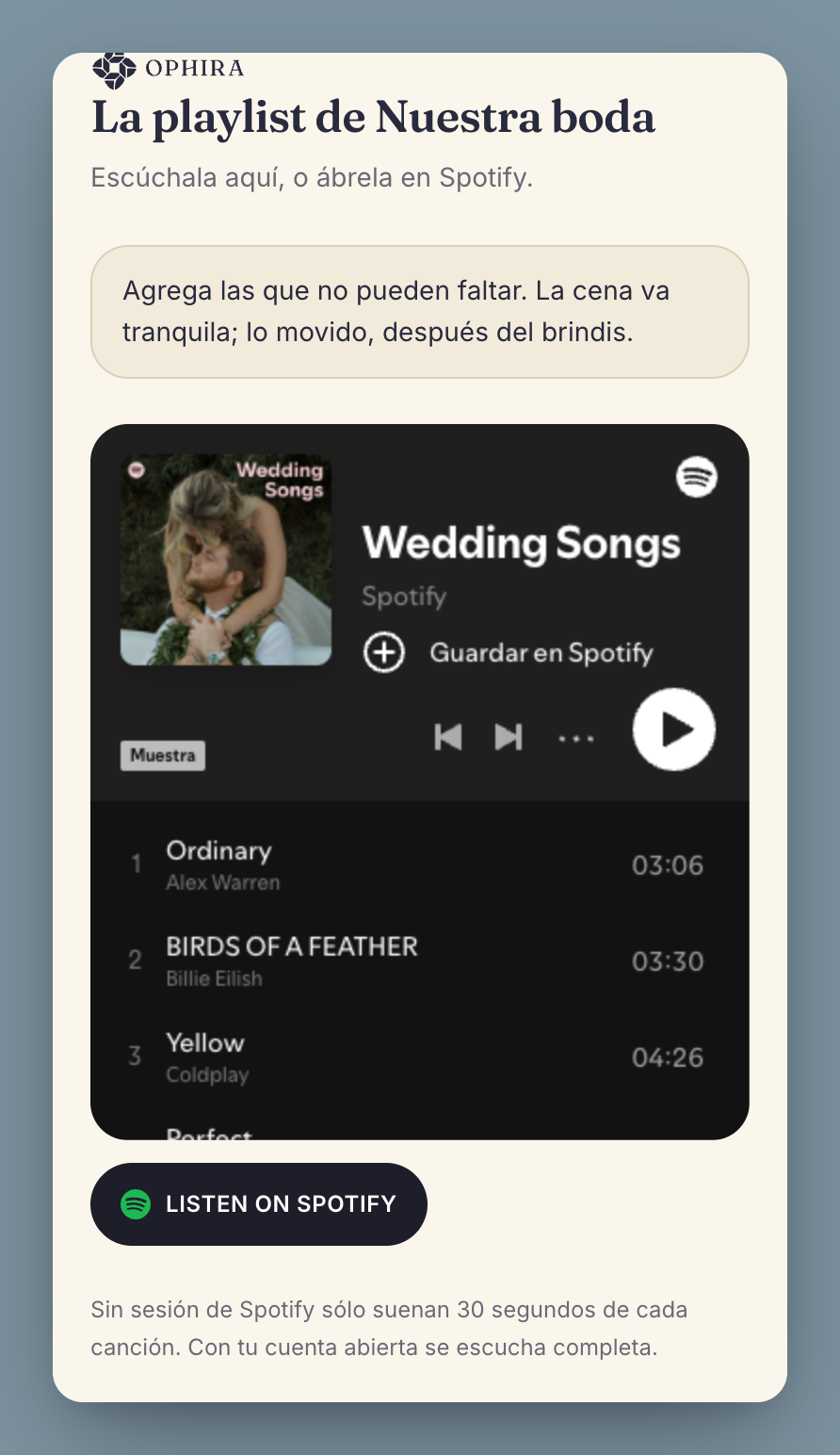 La página pública de la playlist, con el nombre de la boda, una nota para los invitados y el reproductor.