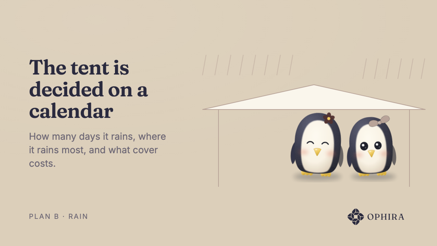 A tent: a pair of ceramic penguins under cover while the rain falls outside the tent
