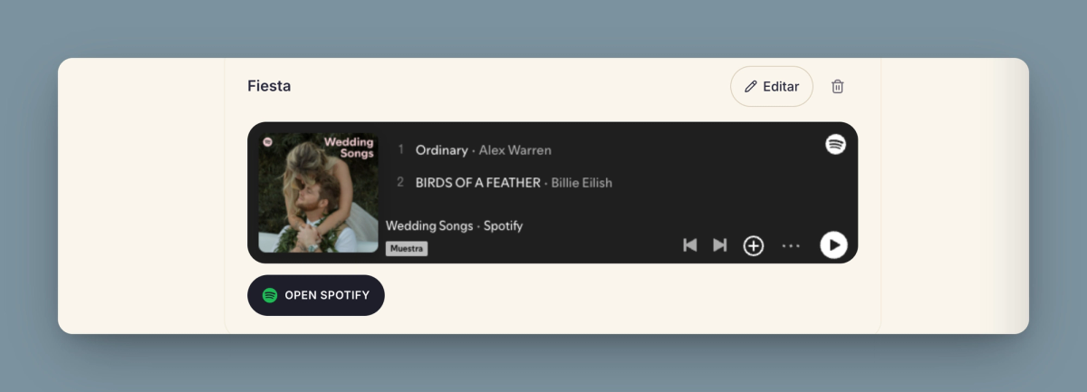La playlist de la boda dentro de Ophira, con el reproductor de Spotify y el botón para abrirla en Spotify.