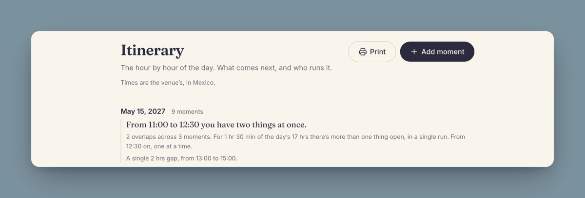 The timeline header with the day's summary: how many overlaps there are, how much time doubles up and where the longest gap sits.