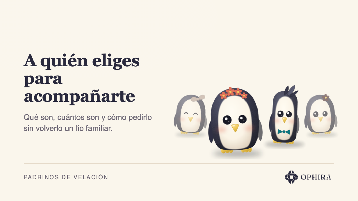 Cuatro pingüinos de cerámica: la pareja con corona de flores y corbata de moño, acompañada de dos padrinos