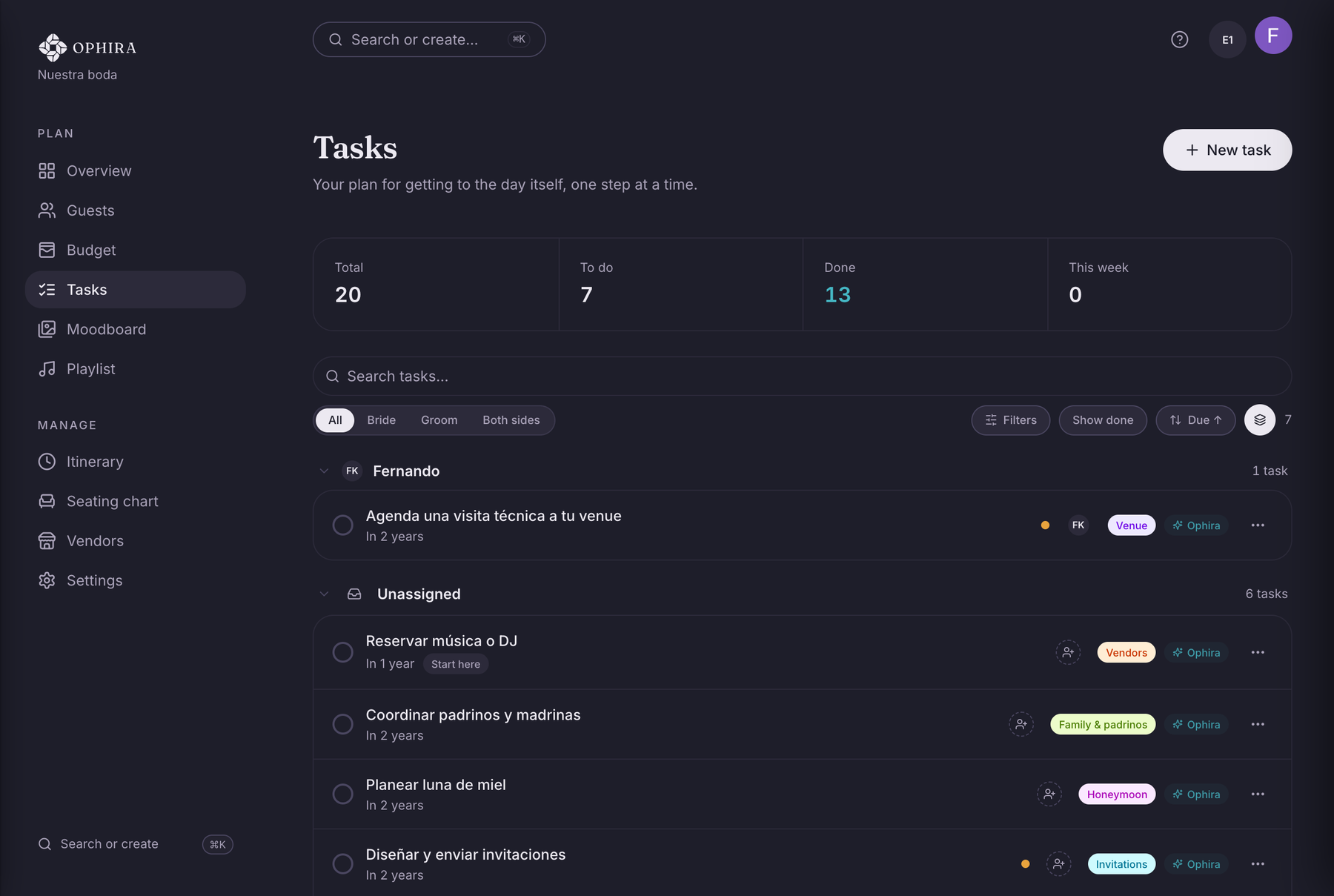 OPHIRA task screen, sorted by stage, with each task’s priority and owner.