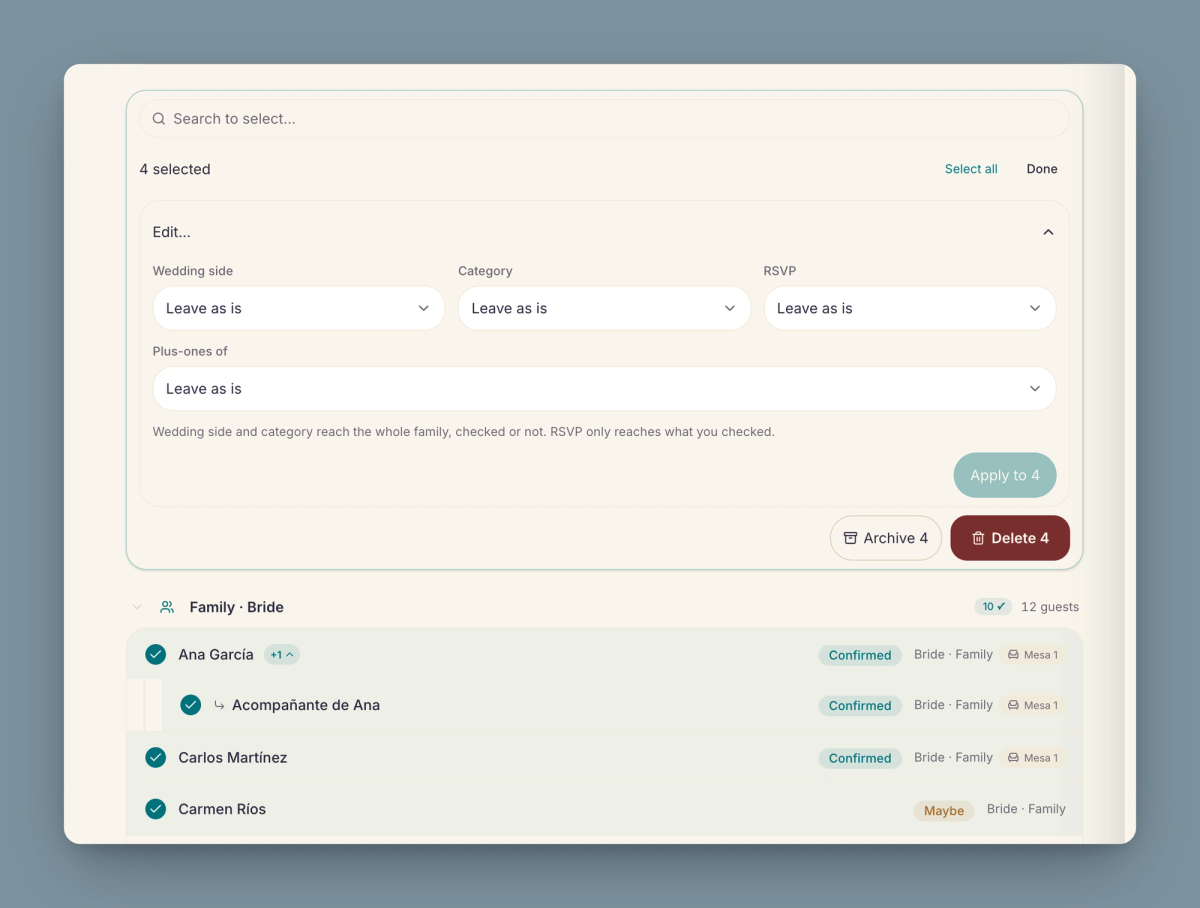 Selection mode on the guest list, with four people checked and the Edit panel open: wedding side, category, RSVP and plus-ones of.