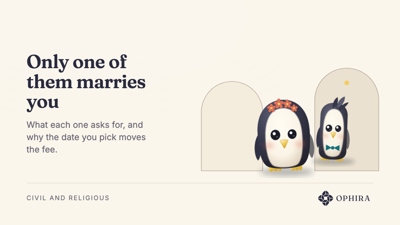 Two arches: a pair of ceramic penguins between the arch of the civil paperwork and the arch of the religious ceremony