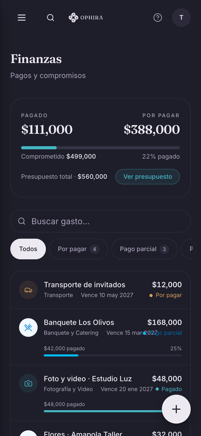 Pantalla de finanzas de OPHIRA con el presupuesto por categorías, lo pagado y lo que falta por pagar.
