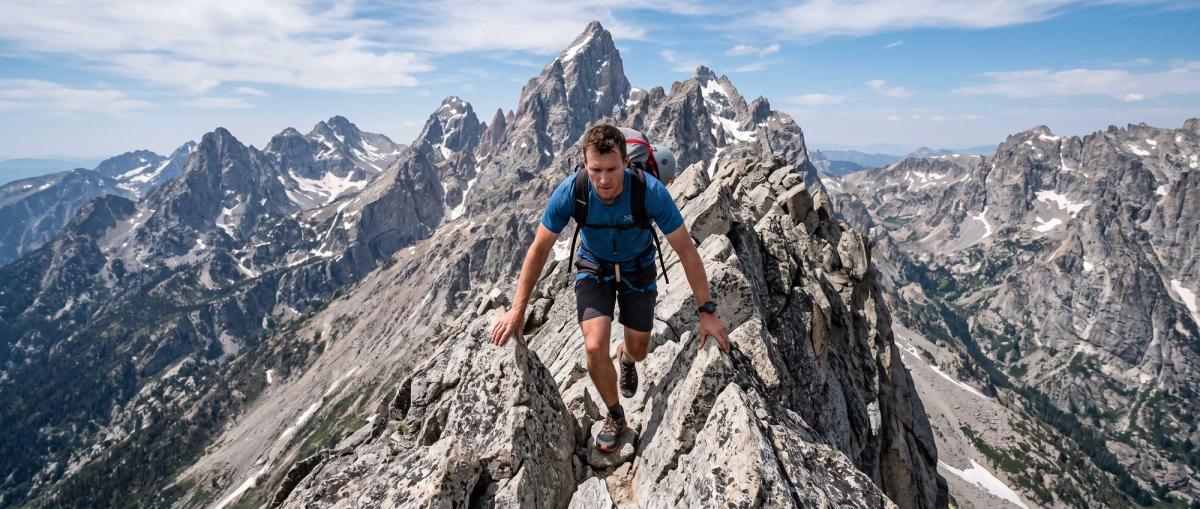 Climber ascending a peak in the Teton Mountains