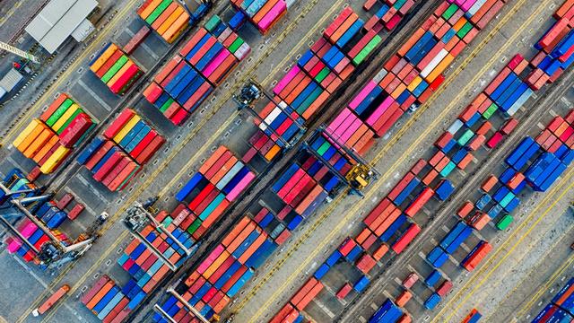 Overhead shot of multicolored shipping containers