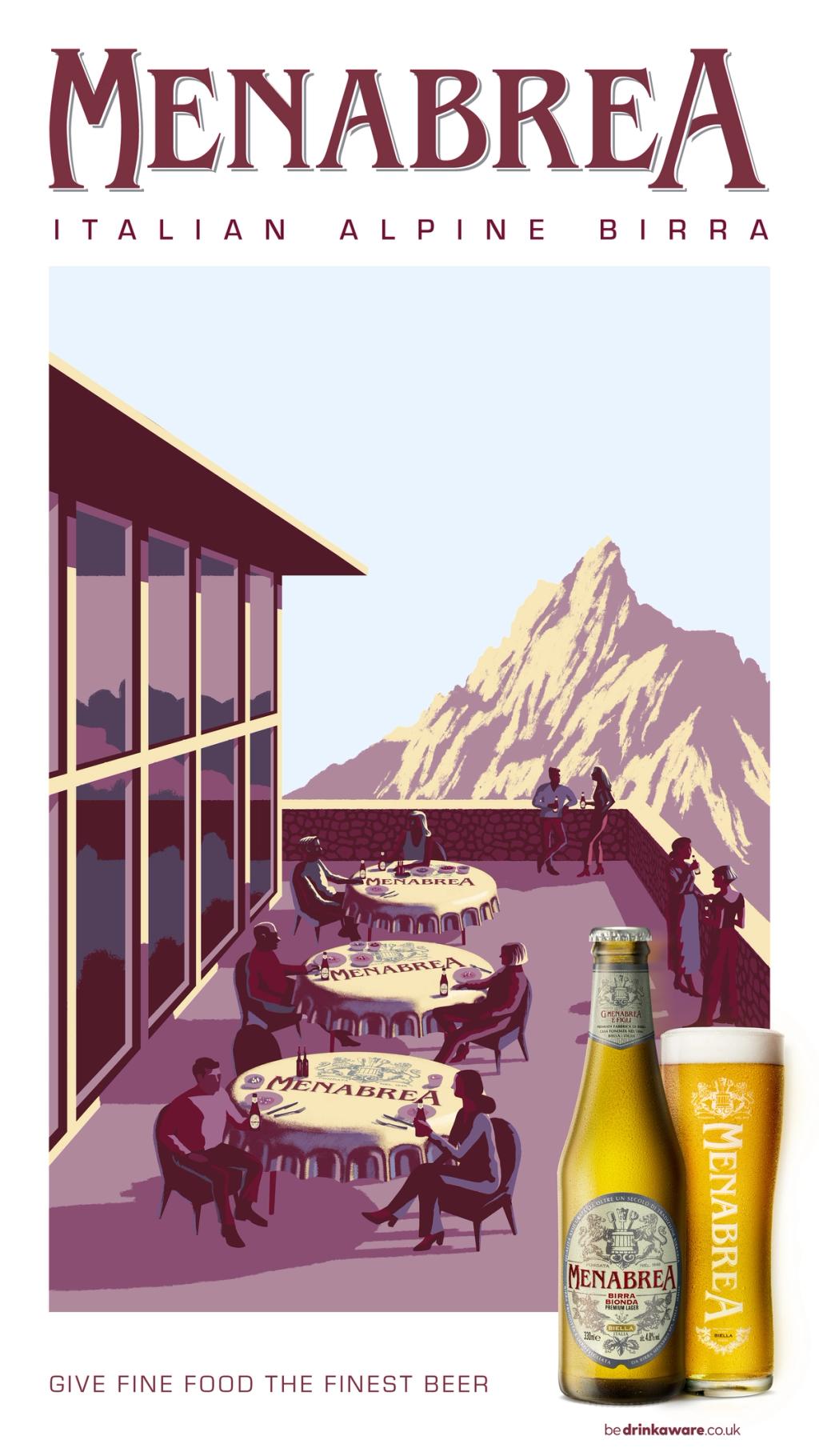 Paul blow illustration, people sitting at beer bottle top tables on a terrace
